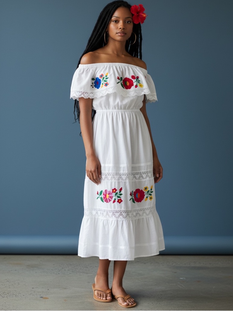 Vtg White Floral Embroidered Campesina Mexican Peasant Dress M/L Off Shoulder